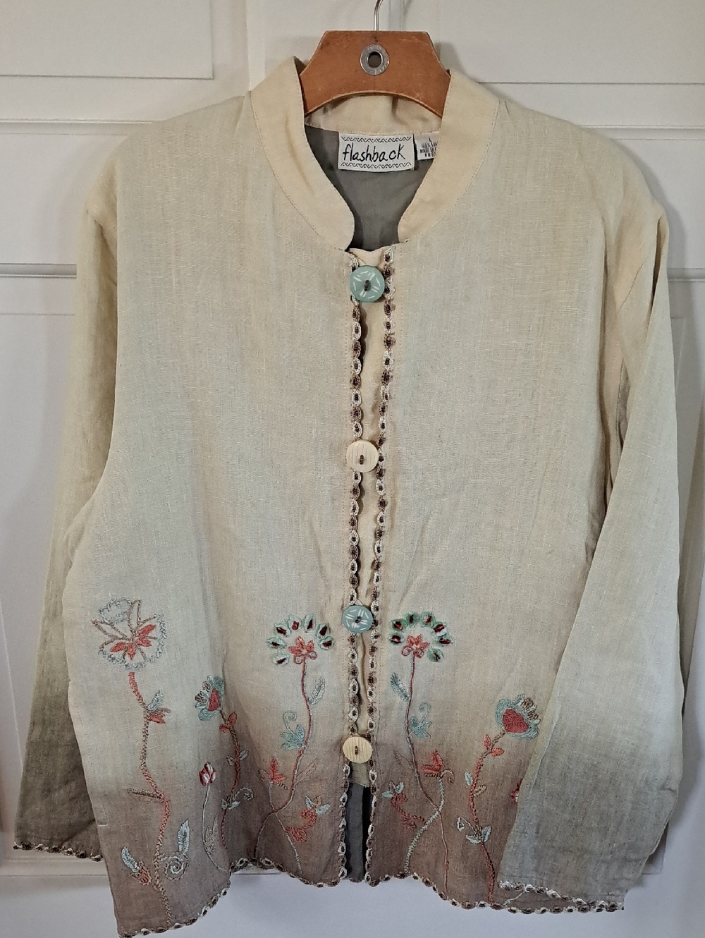 Flashback 100% Linen Embroidered  Floral Pockets Ombre Boho Lightweight Jacket